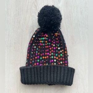 Urban Outfitters	Black Rainbow Sequin Rib Knit Pom Pom Beanie
